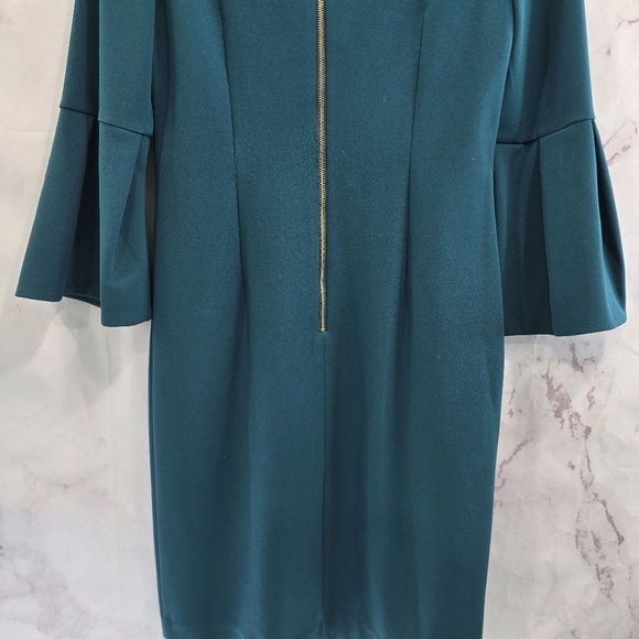 Eliza J Dress Women 4 Small Dark Forest Green Bell Sleeve Flounce Zip Ponte Knit - Picture 5 of 13
